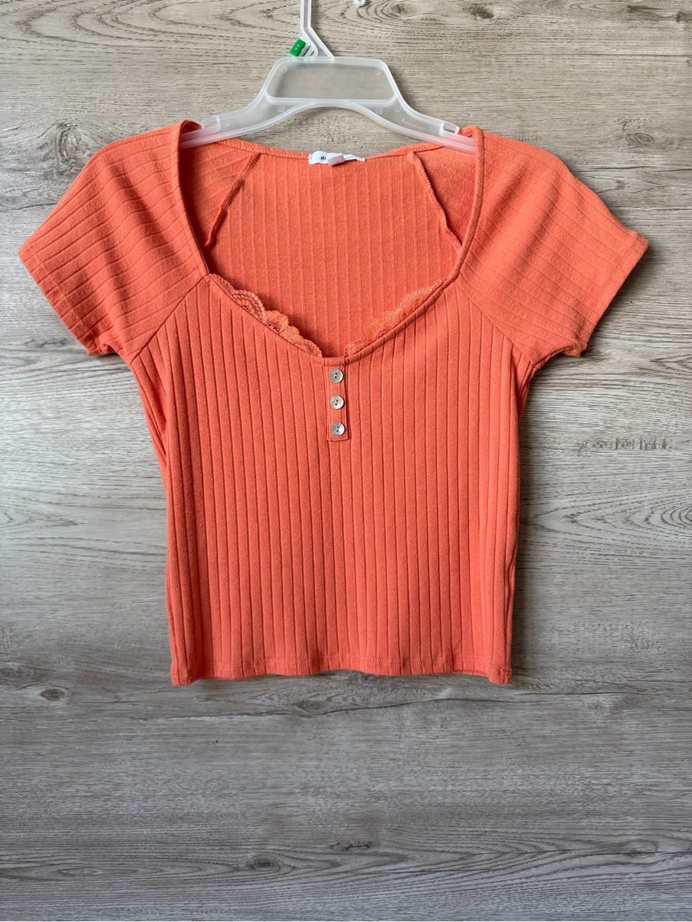 Orange Coral Ribbed Lace Trim Crop Top Small Henley Stretch NWT Fitted Boho Y2K